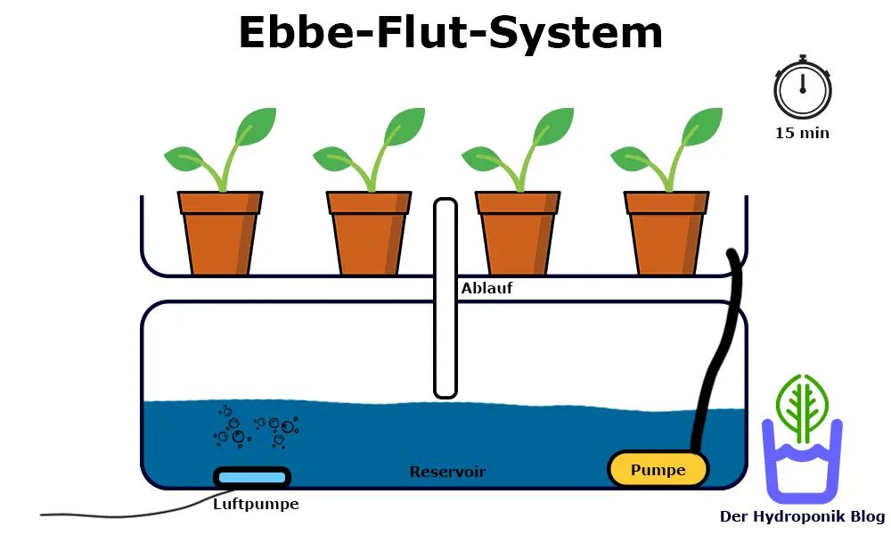 Das Ebbe-Flut-System flutet im Intervall, z.B. 15 Minuten, das Beet. Anschließend fließt das Wasser durch den Ablauf wieder vollständig ab ins Reservoir.